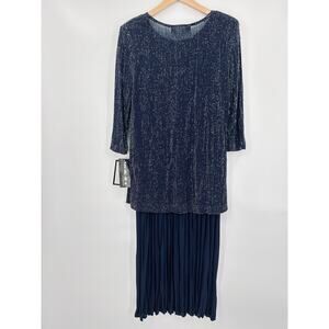 Vintage 80s 90s 2 Piece Blue Metallic Silver Pleated  Dress USA Made Size 10 NWT